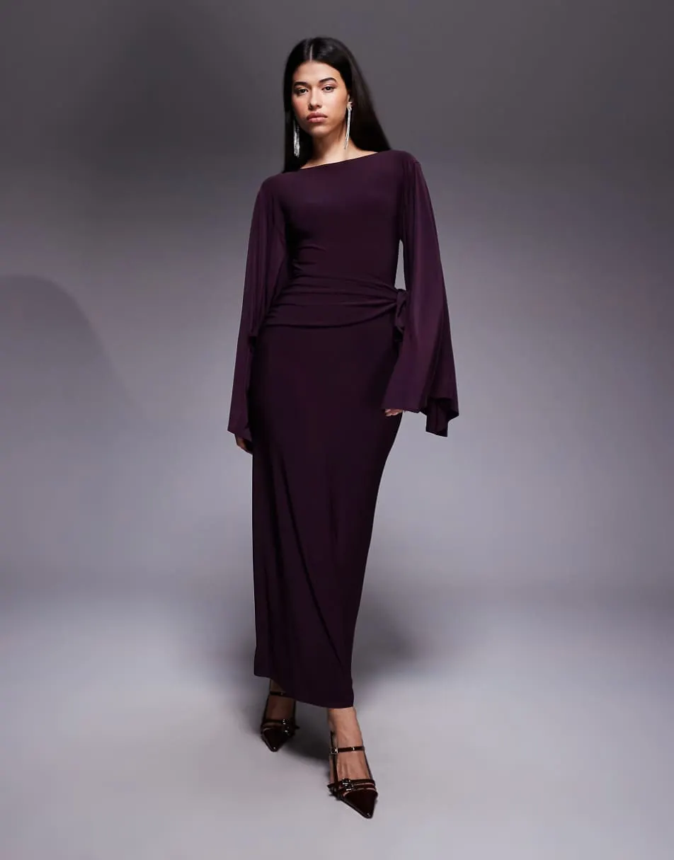 ASOS DESIGN exaggerated batwing cinched waist maxi dress in plum