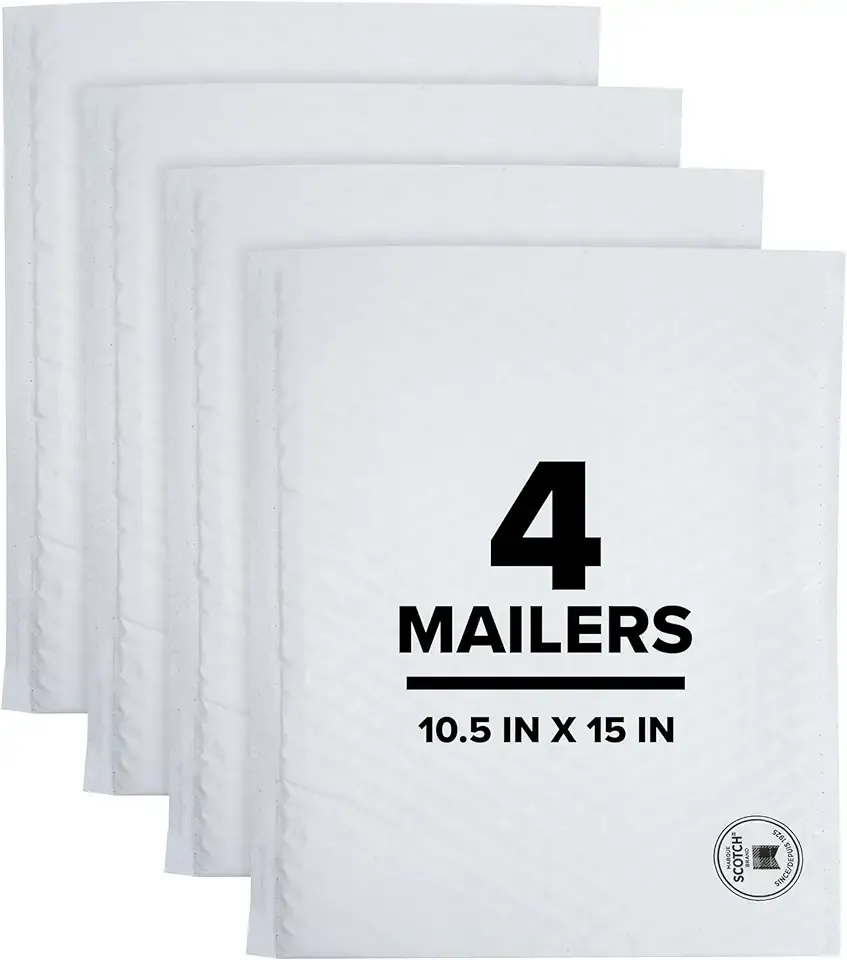 Scotch Poly Bubble Mailer, White, Large, Size 5, Inside Dimensions 10.5 IN x 15 IN, made with 50% recycled plastic
