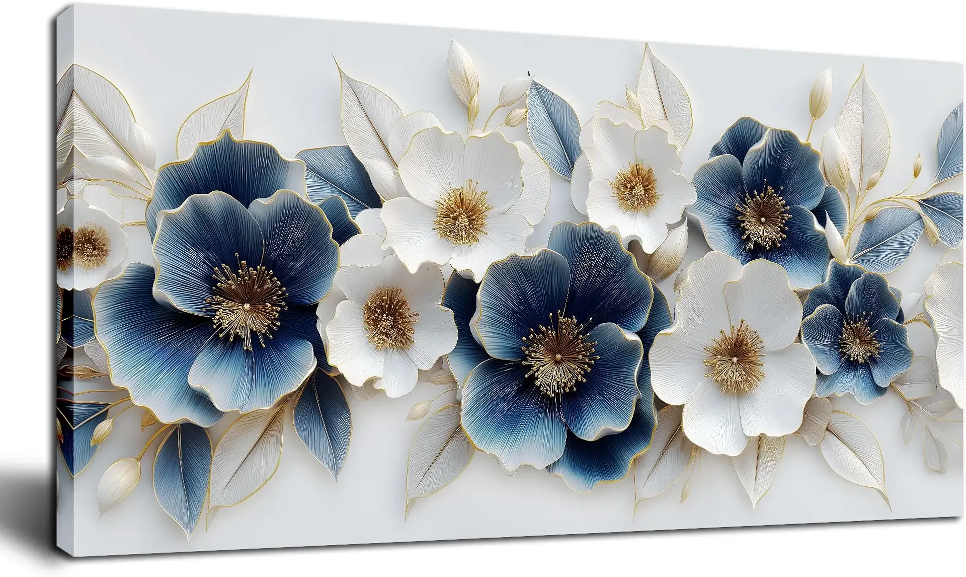 Large Canvas Wall Art for Living Room Blue and White Floral Print Painting wall Decor for Bedroom Office Modern Home Botanical Framed Wall Decorations Artwork Size 20x40 Ready to Hang
