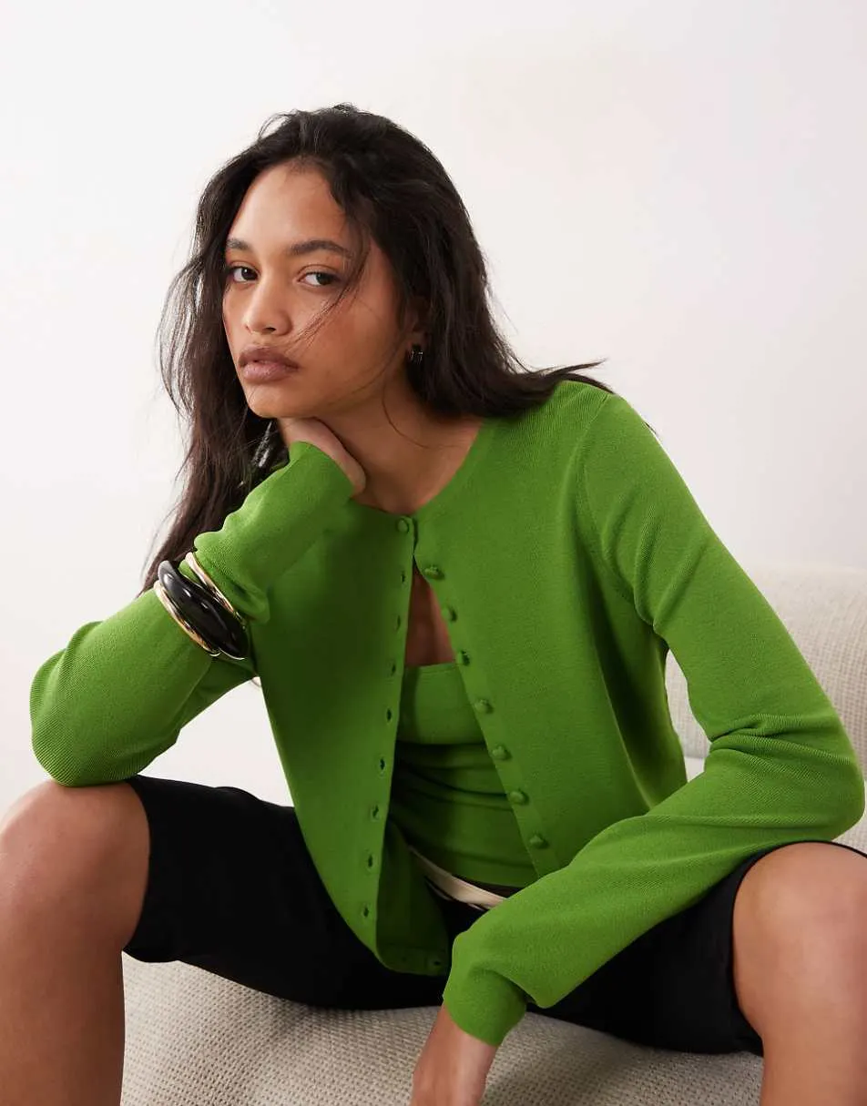 ASOS DESIGN compact crew neck cardigan with self covered buttons in green