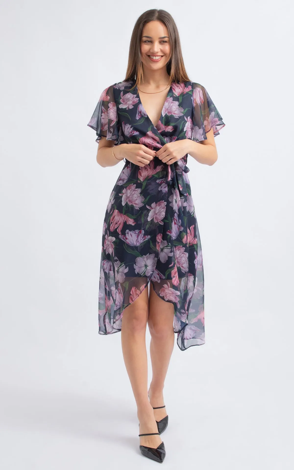 Chiffon Flutter Wrap Midi Dress