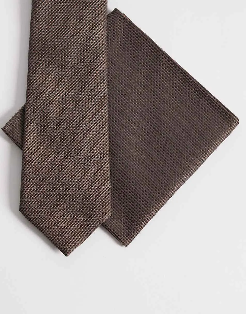 ASOS DESIGN textured tie and pocket square in light brown