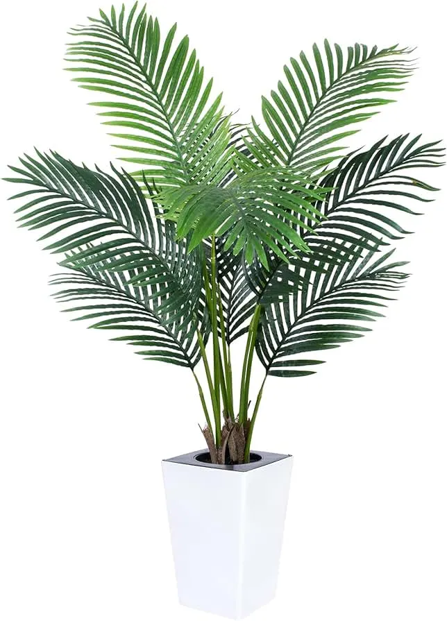 Yepdin 5FT Artificial Palm Tree with White Tall Planter - Fake Tree Areca Floor Plant in Pot - Artificial Silk Plants for Indoor Home Office Decor