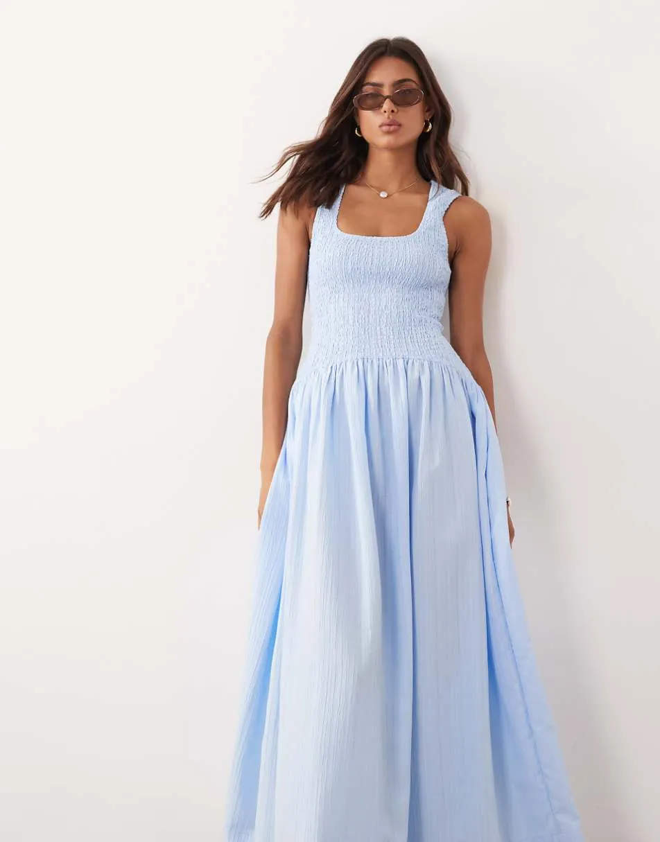 ASOS DESIGN crinkle scoop neck maxi sundress with shirred waist in frosty blue