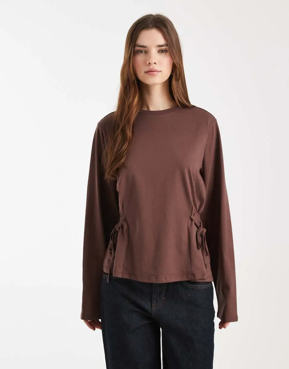 ASOS DESIGN tie waisted detail long sleeve top in chocolate