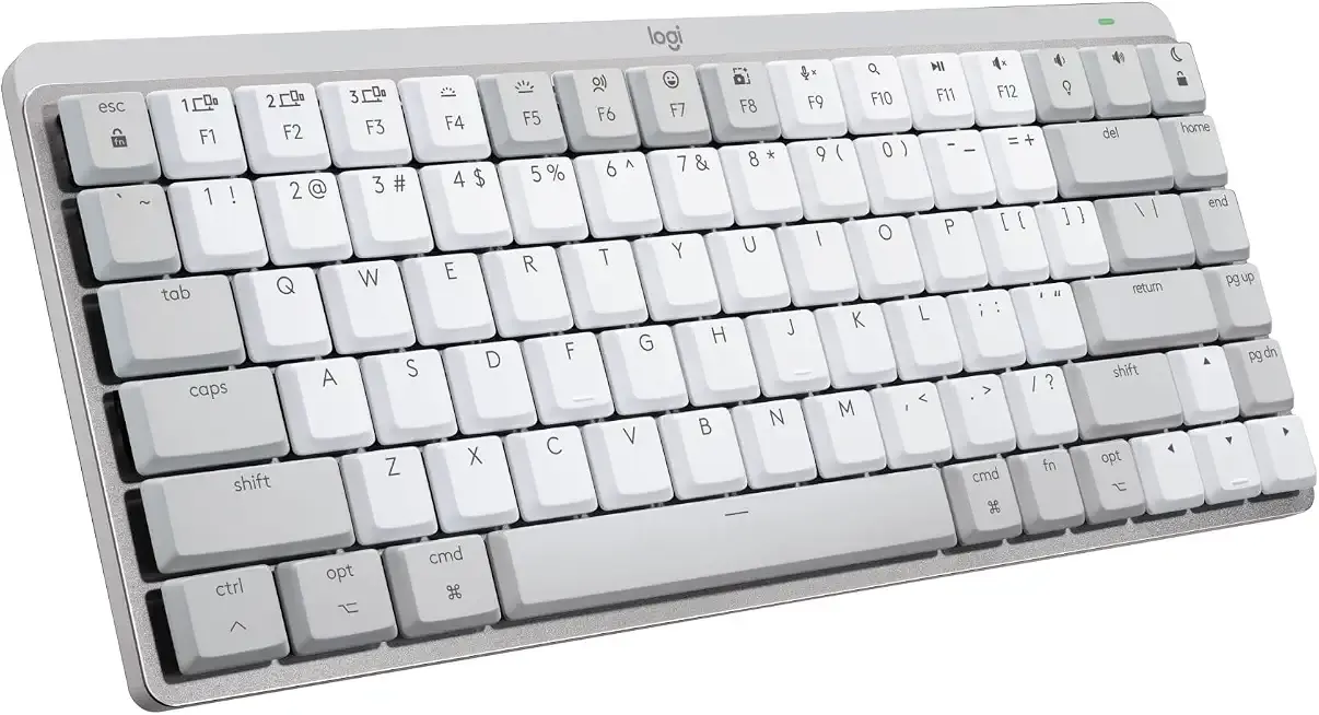 MX Mechanical Mini Mac Wireless Keyboard Low-Profile - Pale Grey | Low-profile full-size, 3 device Bluetooth pairing, Smart backlight auto-adjusts, USB-C rechargeable, Up to 15 day battery