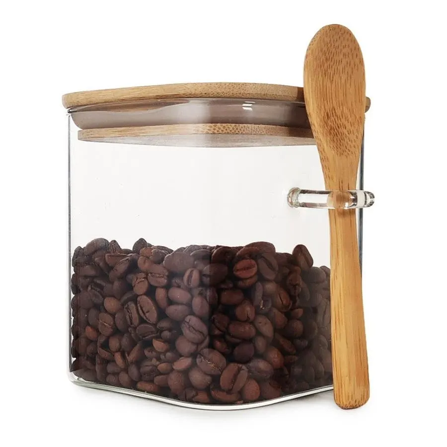 Frasco de Vidrio Cuadrado Otten SY-SS8010 575 ml Tapa Bambú con Cuchara 8x8x...