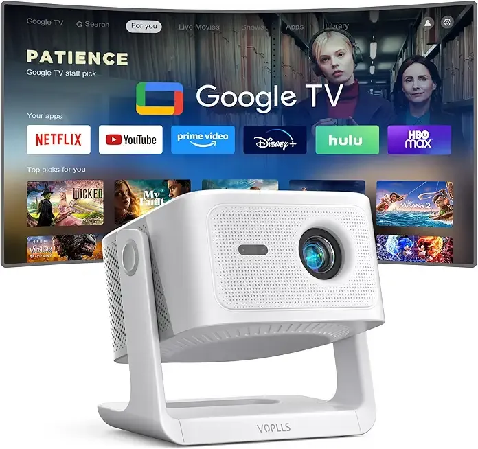 【Official Licensed Google TV】4K Smart Projector with WiFi and Bluetooth, VOPLLS Outdoor Projectors with Dolby/Auto Focus, Portable Movie Phone Wireless Gaming Wifi Proyector for Bedroom/Home/Celling