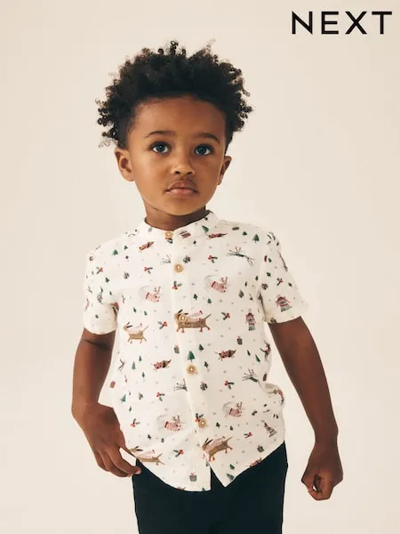 Ecru White Short Sleeve Grandad Collar Christmas Shirt (3mths-10yrs)