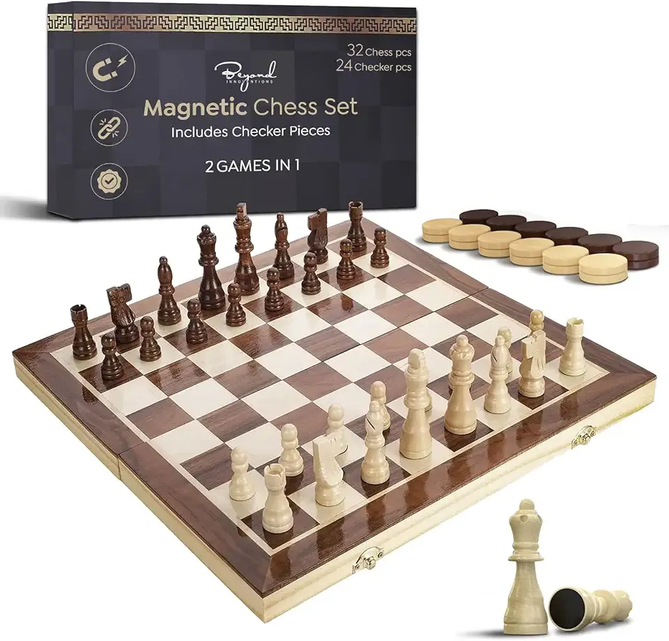 2 in 1 Wooden Magnetic Chess Set | 15 Inch Foldable Chess Board - 2 Extra Queens - Magnetic Chess Game with Storage | Chess Sets for Adults | Handmade Portable Travel Chess Set for Kids & Beginners