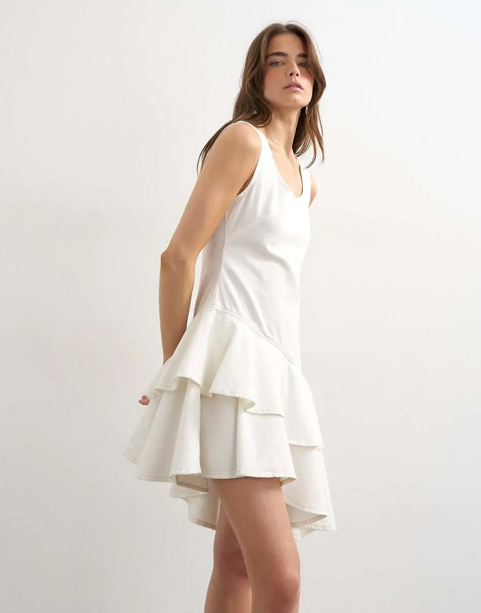 Topshop denim high low ruffle dress in bone