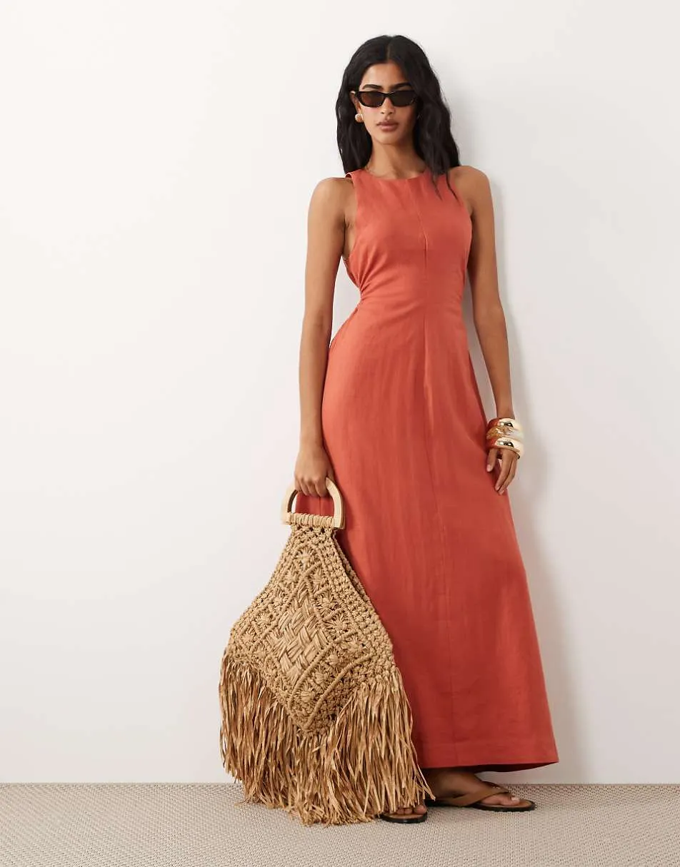 ASOS DESIGN premium 100% linen waisted maxi dress with open back in terracotta