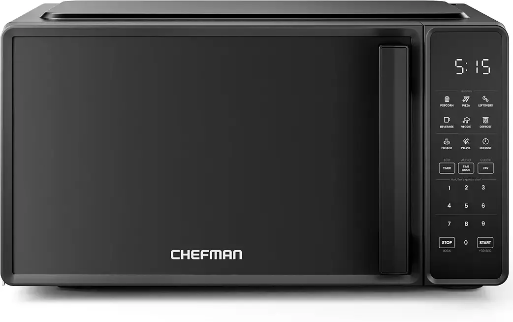 Chefman Countertop Microwave Oven 0.7 Cu. Ft., 700 Watts with 10 Power Levels, 6 Cooking Presets with One-Touch Express Cook, Eco Mode, Child Safety Lock, & Mute Button - Black