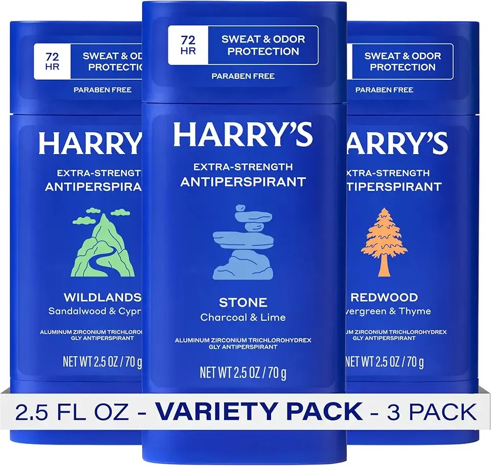 Harry's Extra-Strength Antiperspirant Deodorant, Sweat & Odor Control Antiperspirant for Men, Variety Pack - Stone, Redwood, Wildlands, 2.5 oz Pack of 3
