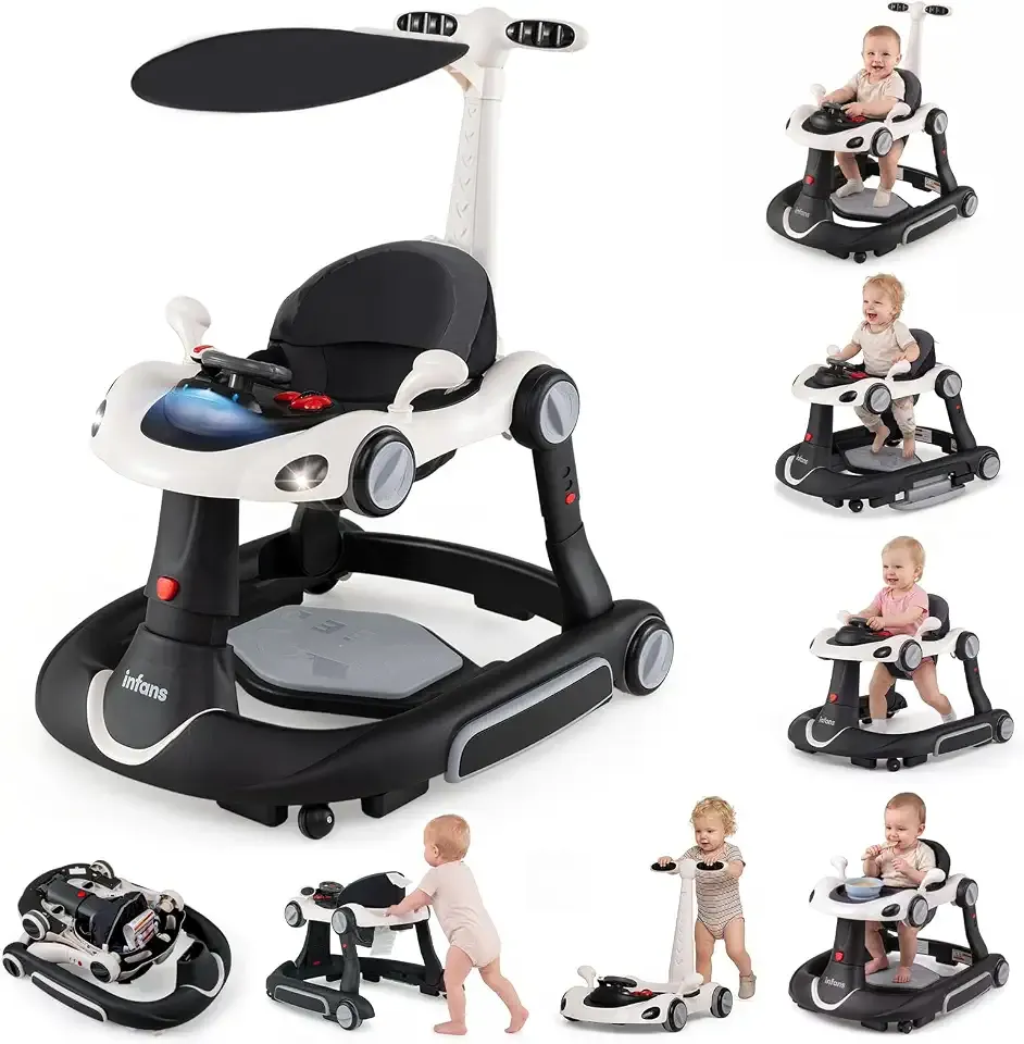 INFANS 9-in-1 Foldable Baby Walker with Handle, Sun Canopy, Dark | Activity Center to Push Car, Bouncer, Rocker for Boys Girls 7-18 Months with Music, Lights, Adjustable Speed Wheels & Height
