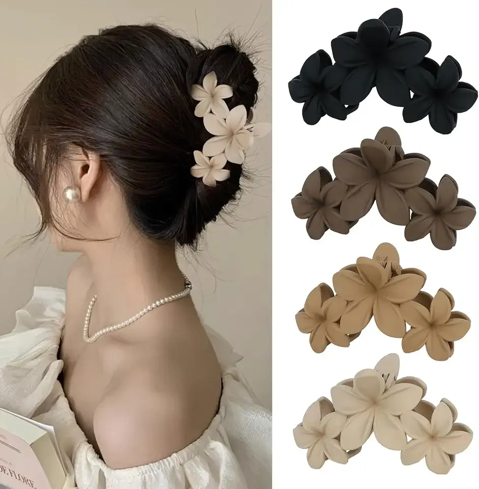 ANBALA 4PCS Hawaiian Plumeria Flower Hair Clips - Large Non-Slip Matte Claw Clips for Women, Strong Hold Beach Hair Accessories