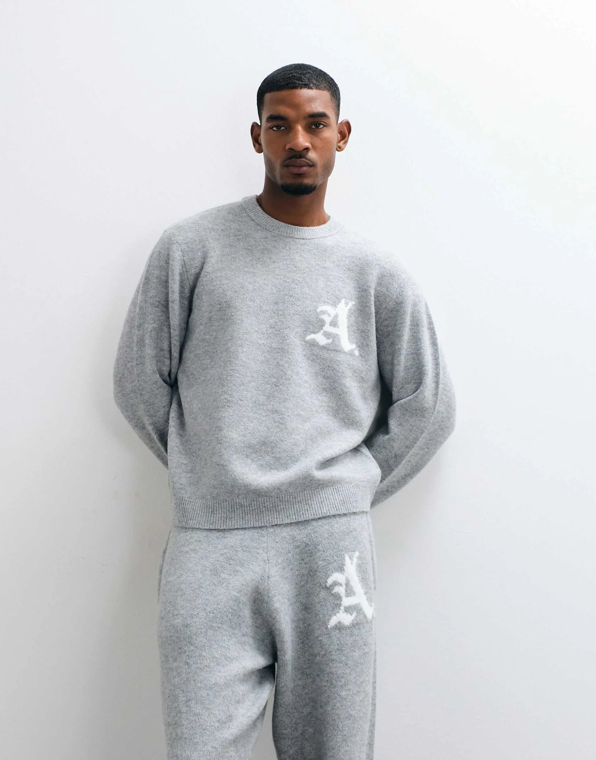 Jack & Jones oversized jacquard logo knit jumper in grey