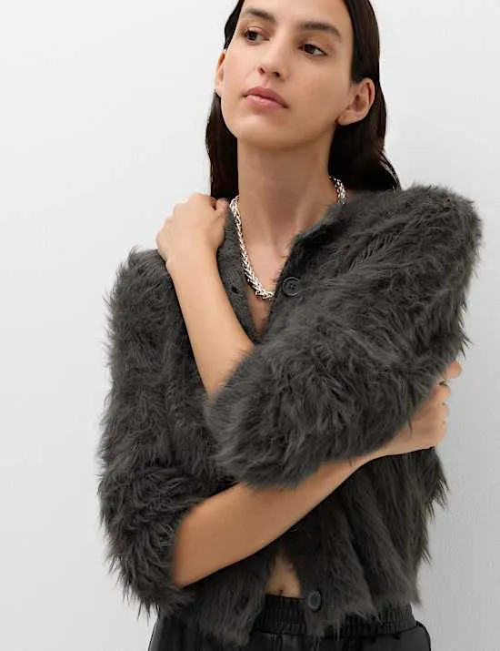 Textured Button Front Slim Cropped Cardigan