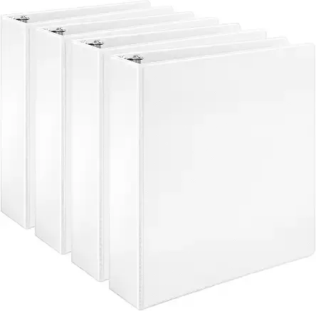 Amazon Basics 3 Ring Binders, 2 Inch, D-Ring Organizer for School, Home Office, White, 4 Pack