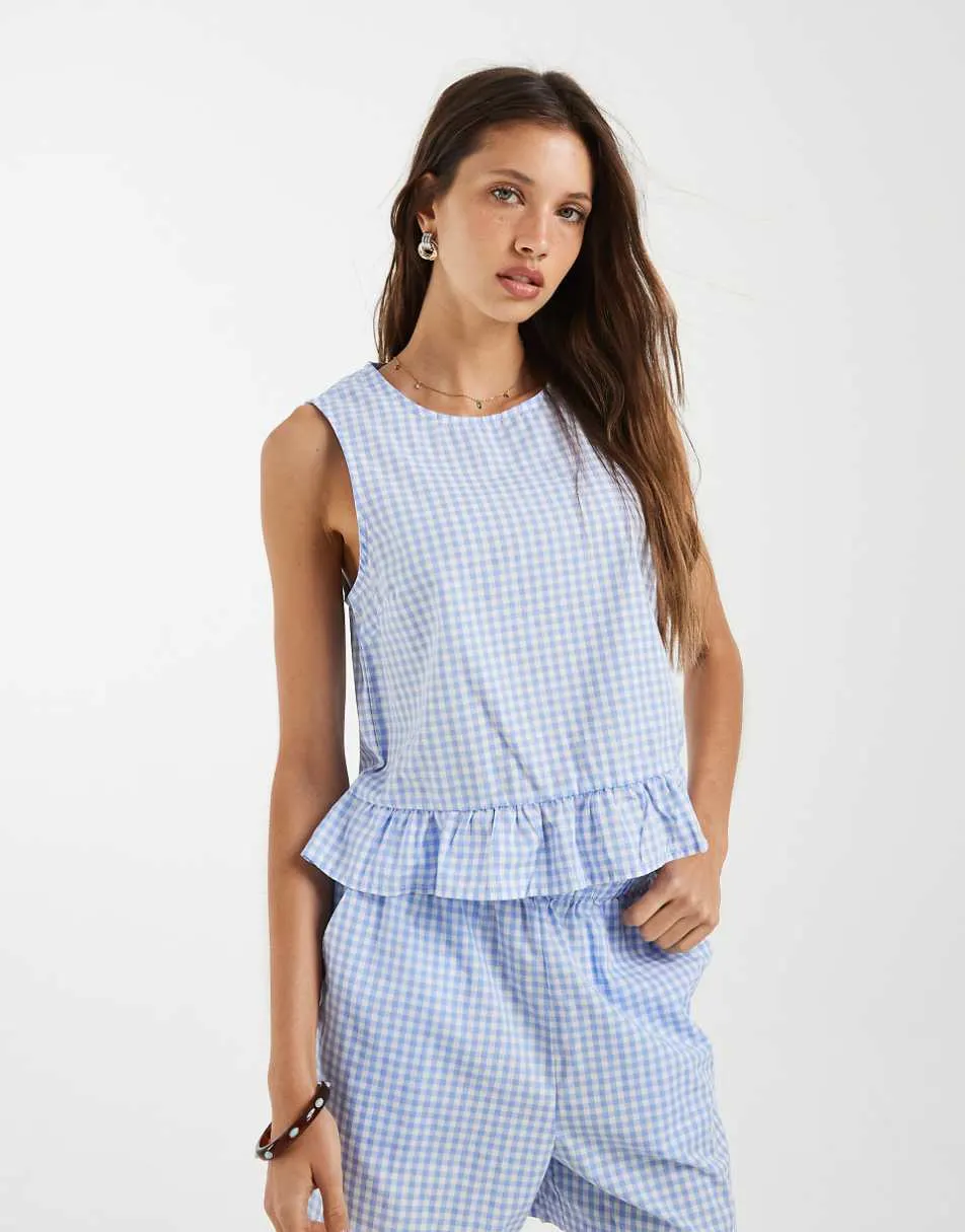 Pieces sleeveless top co-ord with frill hem in blue and white gingham print