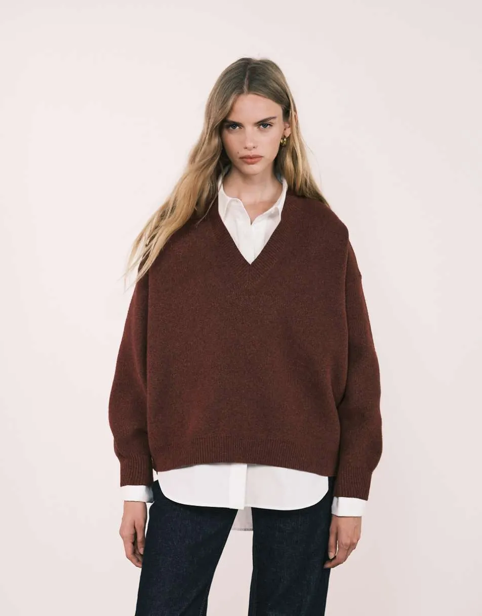ASOS DESIGN extreme boxy v neck structured jumper in chocolate