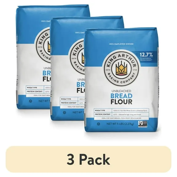(3 pack) King Arthur Baking Company Non-GMO Project Verified, Certified Kosher Unbleached Bread Flour, 5 lb Bag