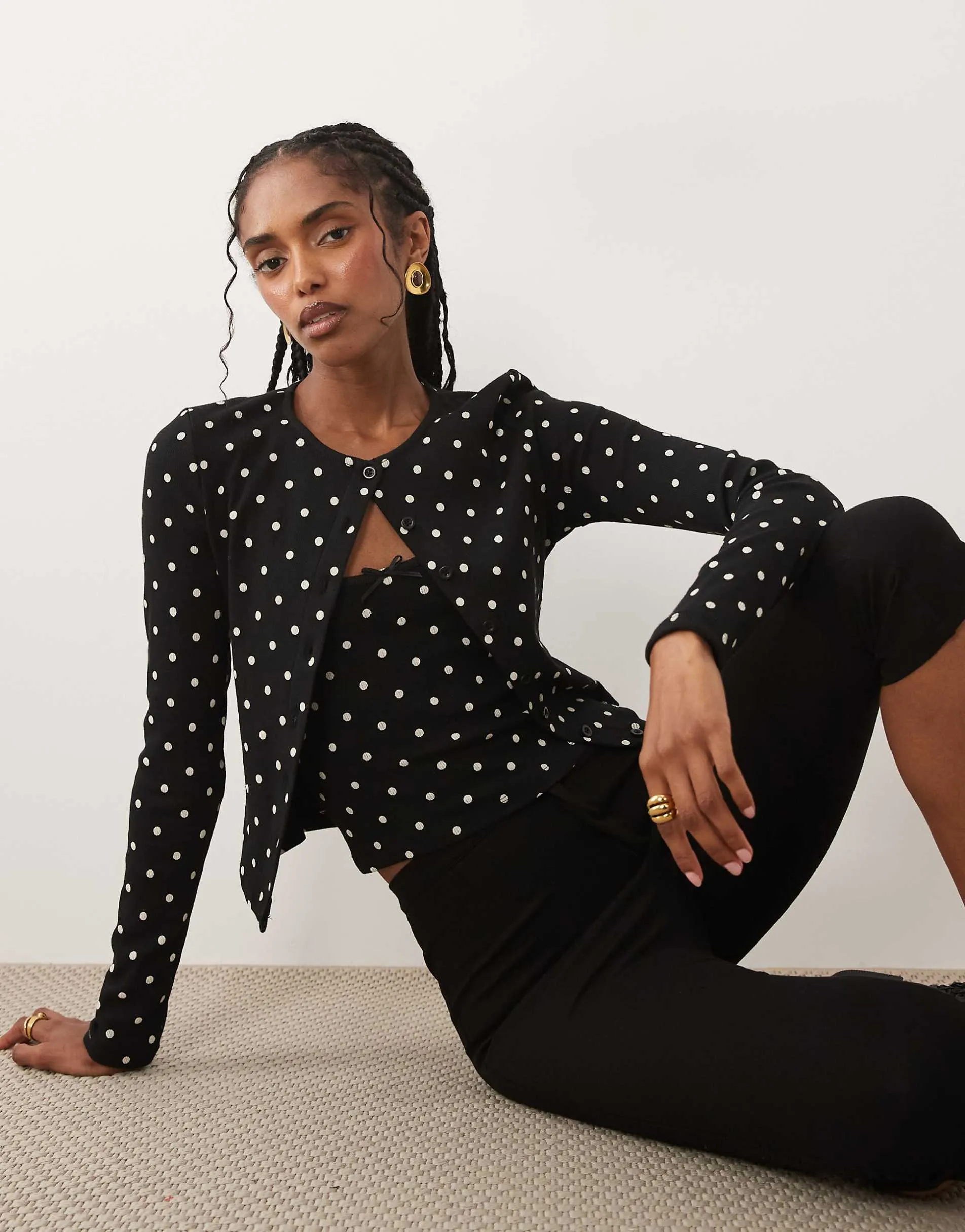 Miss Selfridge ribbed cardigan and cami set in polka dot