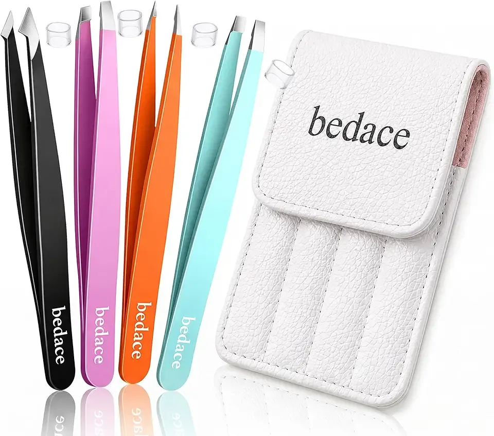bedace Tweezers for Women Facial Hair,Stocking Stuffers Birthday Gifts for Mom Mothers Wife Girlfriend,Tweezer Set for Eyebrows Ingrown Hair,Plucking Beauty Tool with Leather Travel Case