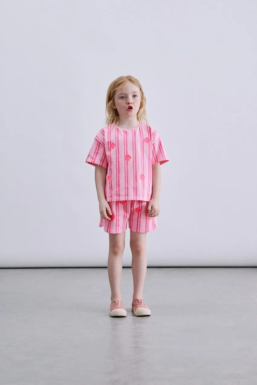 STRIPED BERMUDA SHORTS AND T-SHIRT SET WITH EMBROIDERED FLOWERS