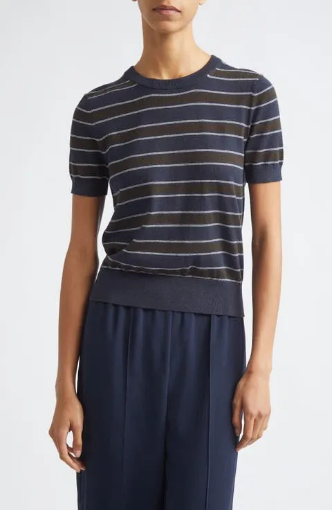 Stripe Short Sleeve Cotton & Cashmere Sweater T-Shirt