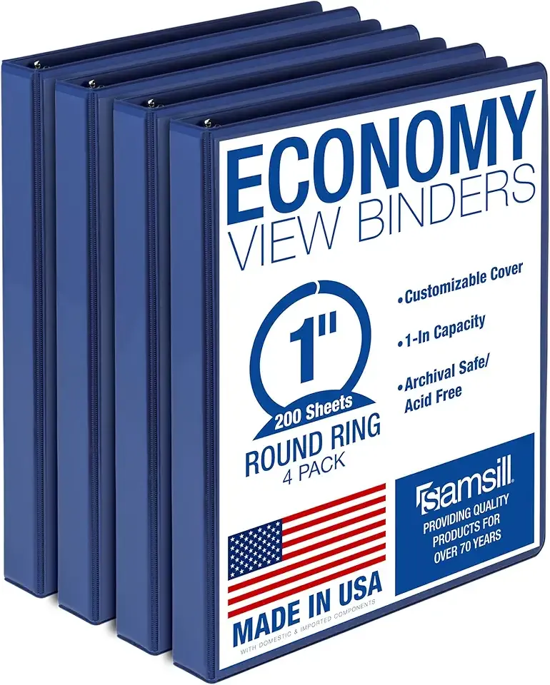 Samsill 1 Inch 3 Ring Binders, Economy Round Ring, Clear View Cover, 200 Sheet Capacity - for School, Home, Office - Blue, 4 Pack
