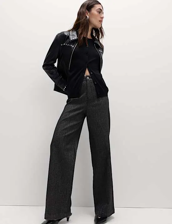 High Waisted Shimmer Wide Leg Ankle Grazer Jeans