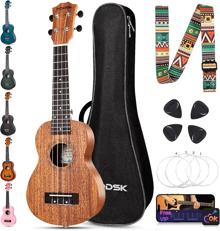 AODSK Soprano Ukulele for Beginner 21 Inch Ukelele with Gig Bag Strap Nylon String 4 Picks Holiday Gift