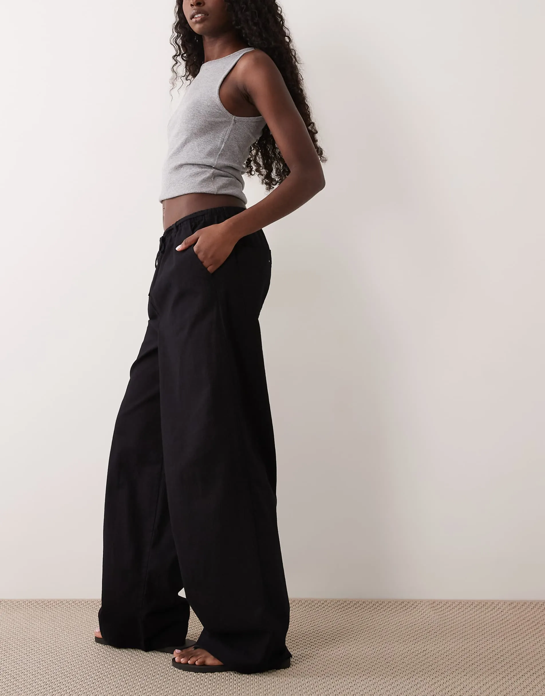 ASOS DESIGN linen look pull on trousers in black