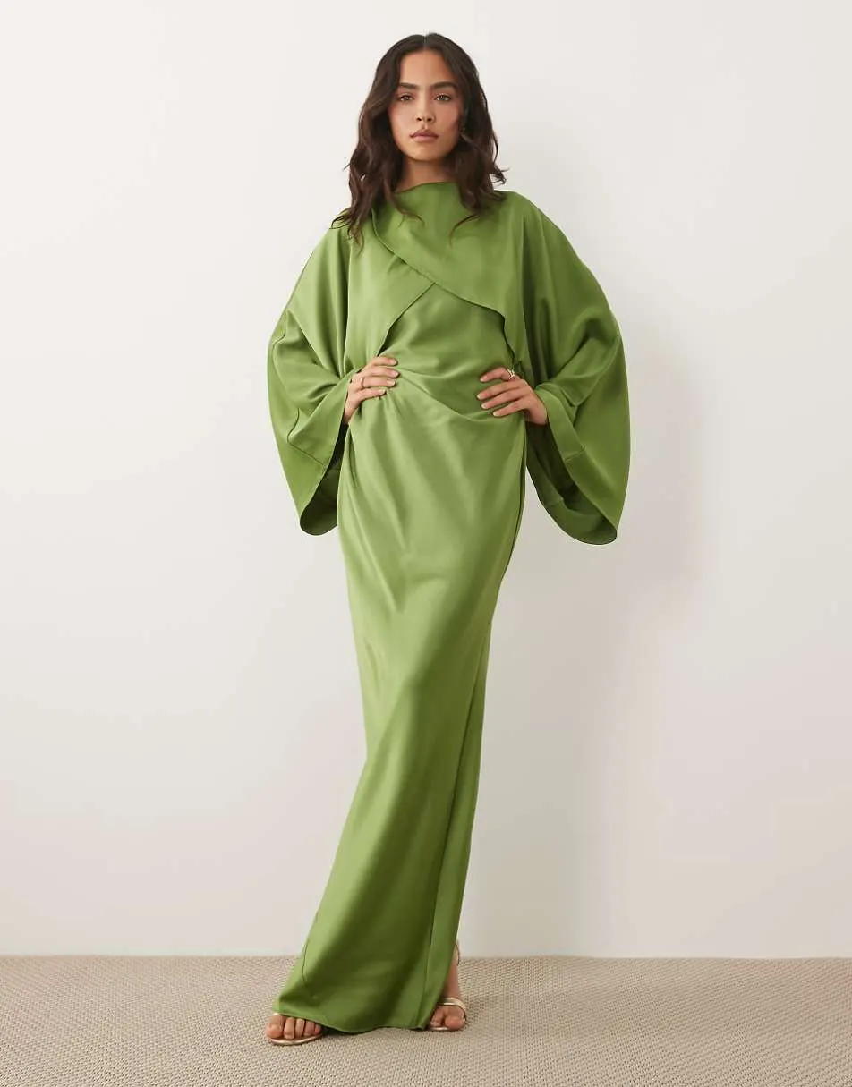 ASOS DESIGN draped long sleeve cross front high neck satin maxi dress in cedar green