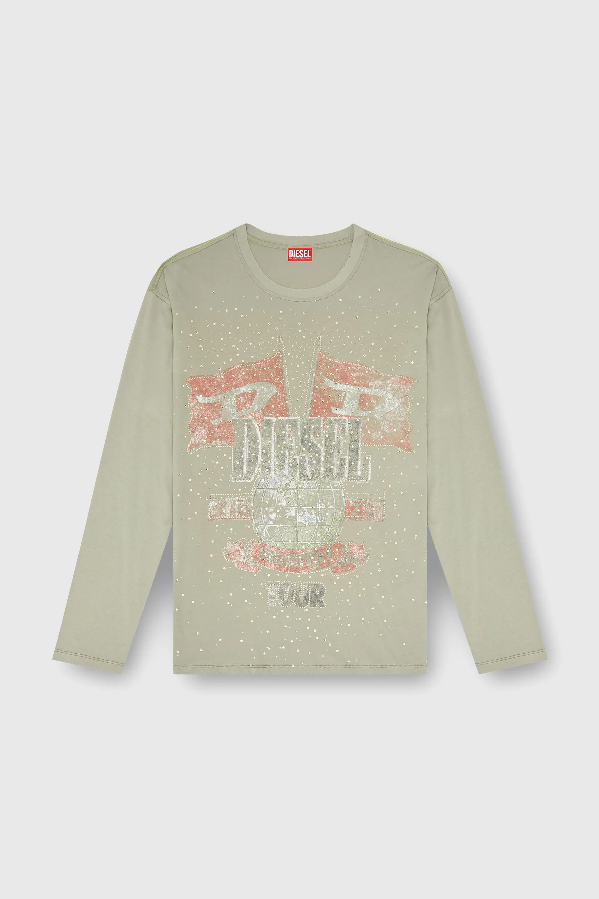 Long-sleeve T-shirt with concert graphics and crystals