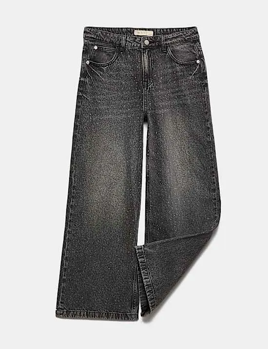 Denim-Jeans mit weitem Bein und Strass (6–16 J.)