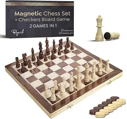 Magnetic Chess & Checkers Set | 15" x 15" Foldable Wooden Board