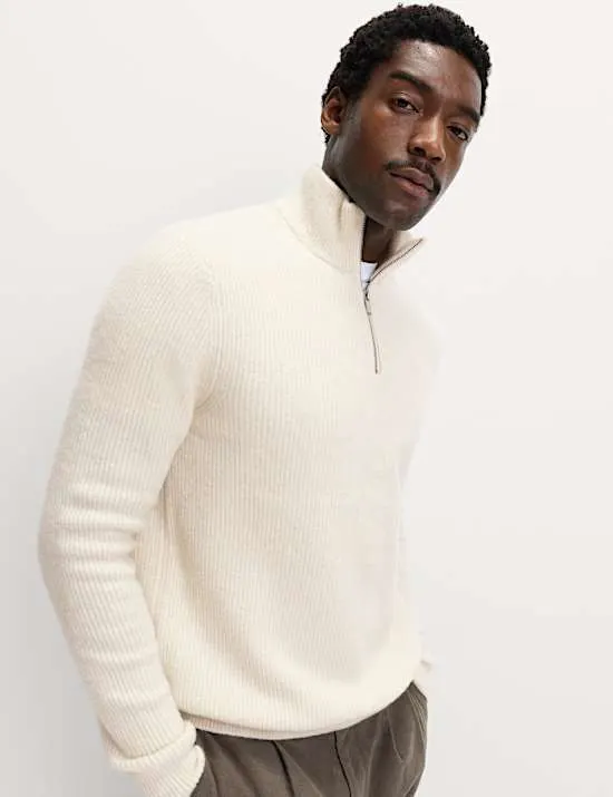 Superweicher, gerippter Pullover mit halbem Reißverschluss und Wollanteil