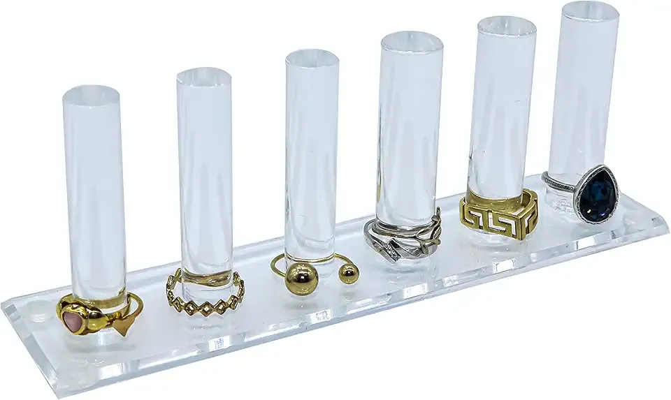 FROG SAC 6 Rod Ring Holder Jewelry Stand, Clear Acrylic Ring Display Organizer For Girls Room, Small Cylinder Storage For Multiple Rings For Women