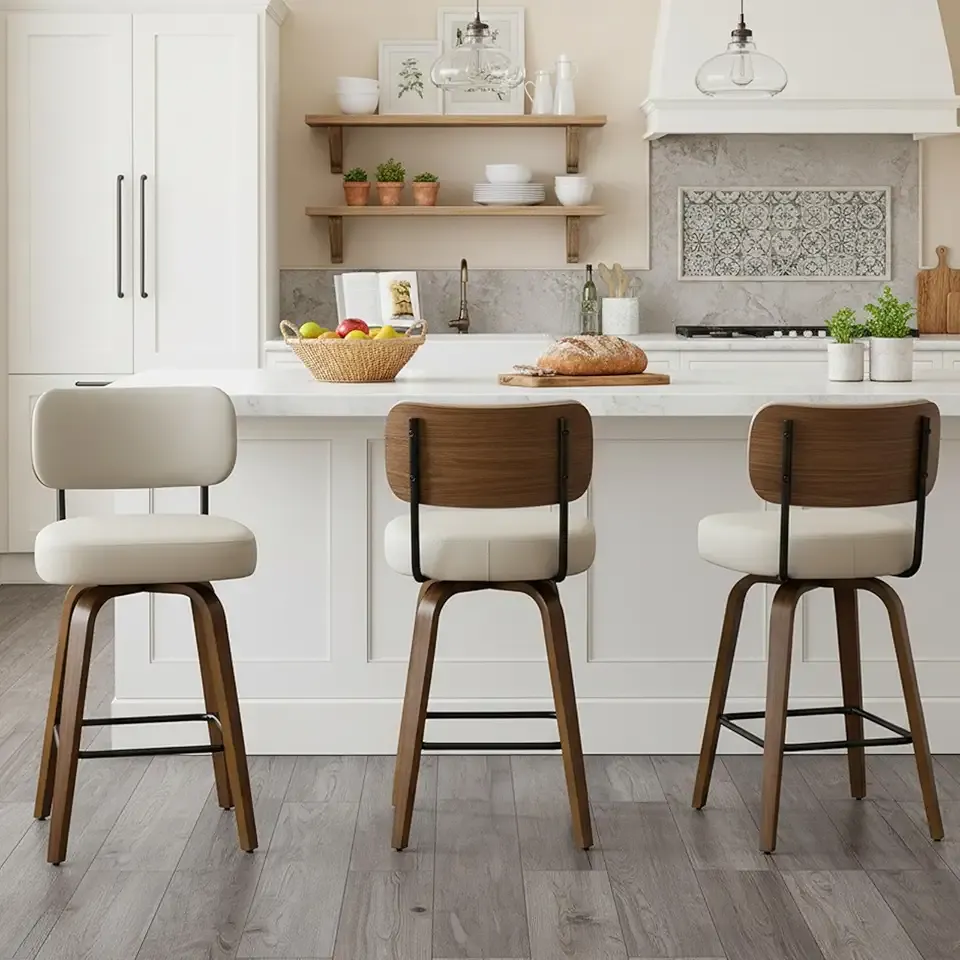 Swivel Bar Stools Set of 3, 26" Upholstered Counter Height Bar Stools with Back and Walnut Wood Legs, Faux Leather Barstools for Kitchen Counter, Beige Gray
