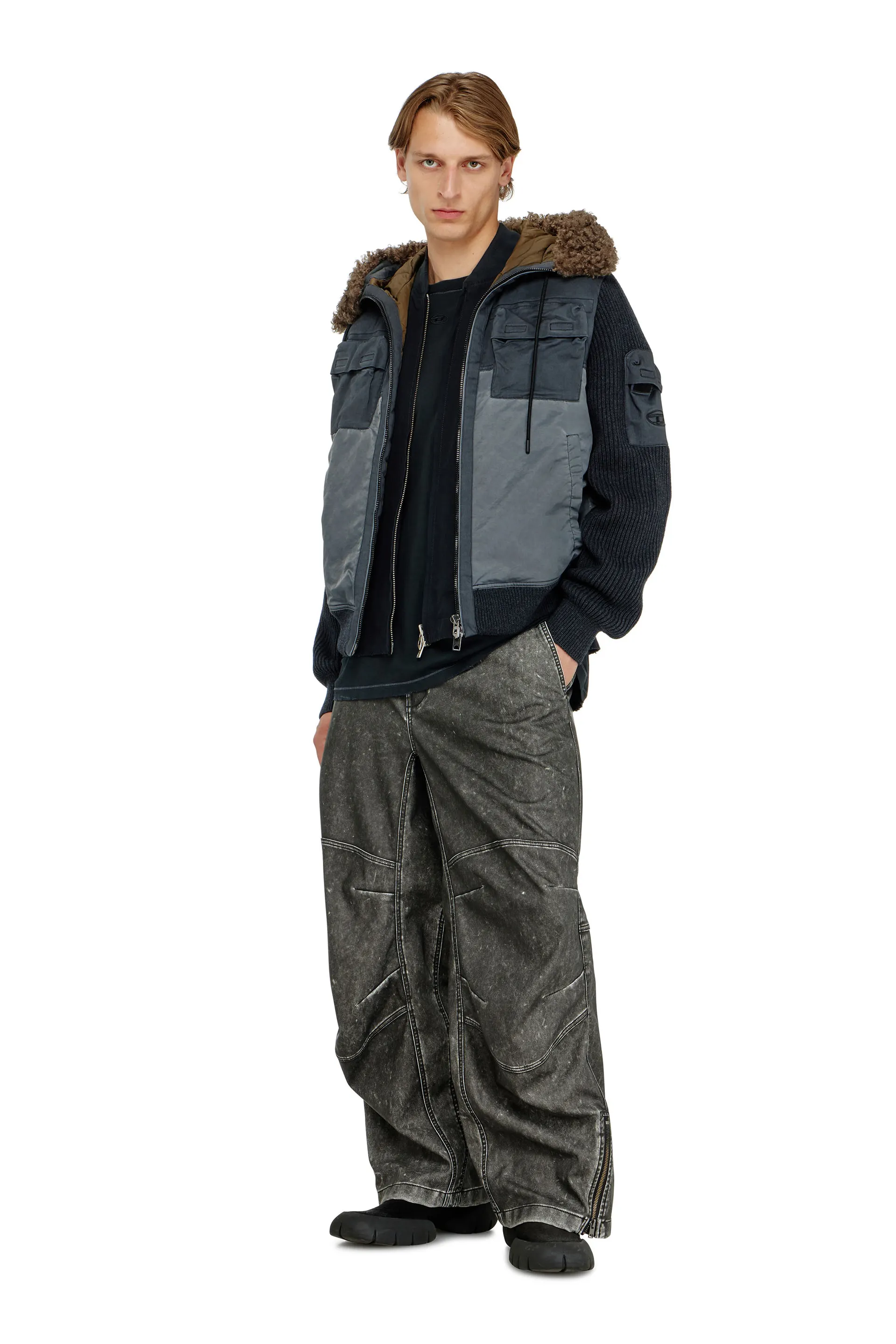 Hooded padded jacket with knitted sleeves