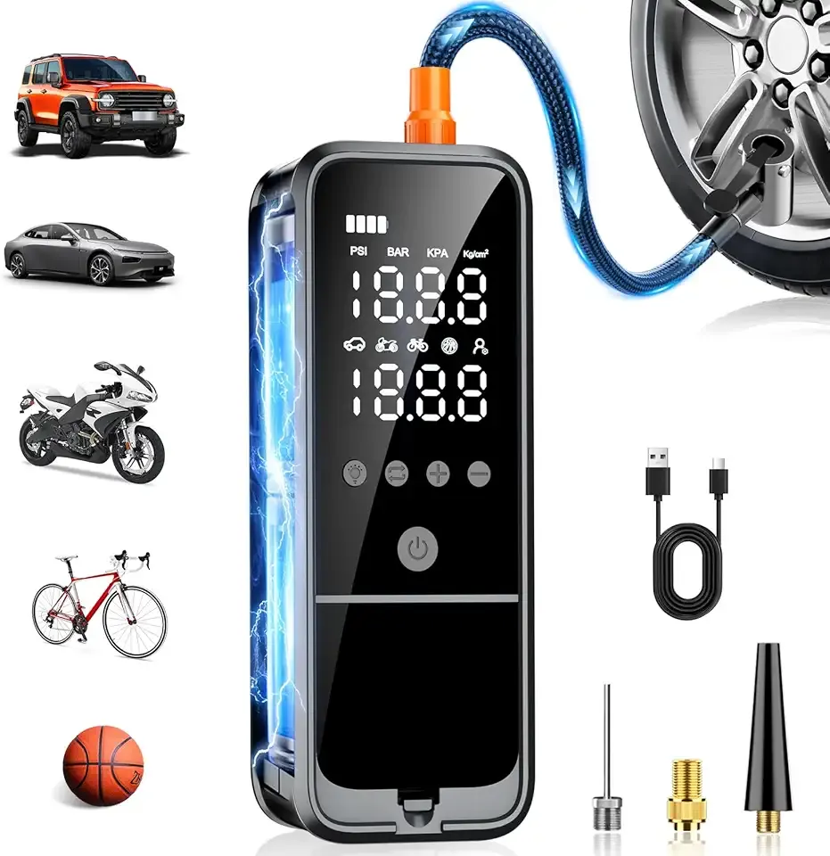 160PSI Tire Inflator Portable Air Compressor, 6000mAh Cordless Air Pump for Car Tires Electric Bike Pump with LED Light & Pressure Gauge, Portable tire Inflator for Car, Motor, Bike, Ball