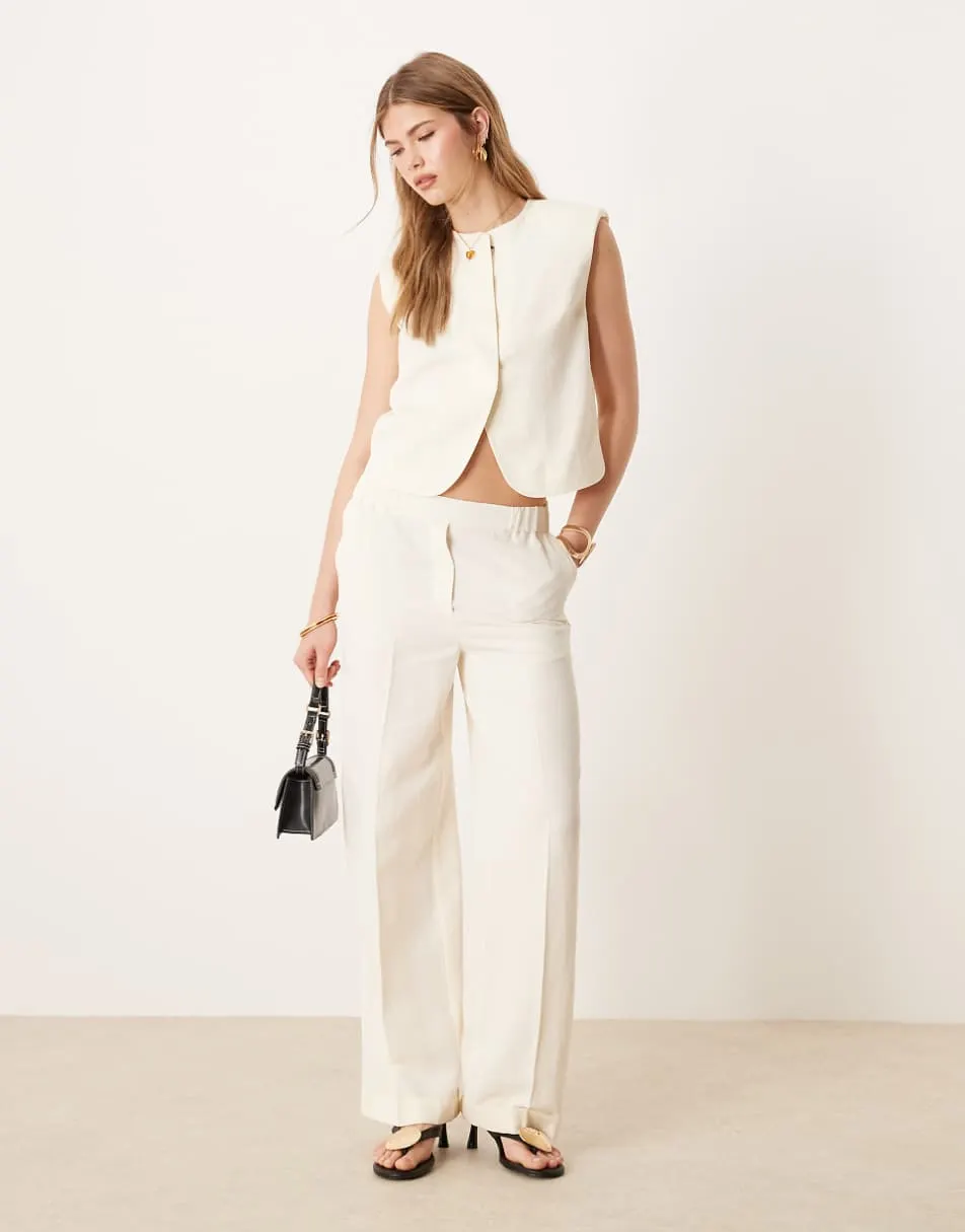 ASOS DESIGN high neck boxy waistcoat & tailored straight leg trouser co-ord with linen in ivory
