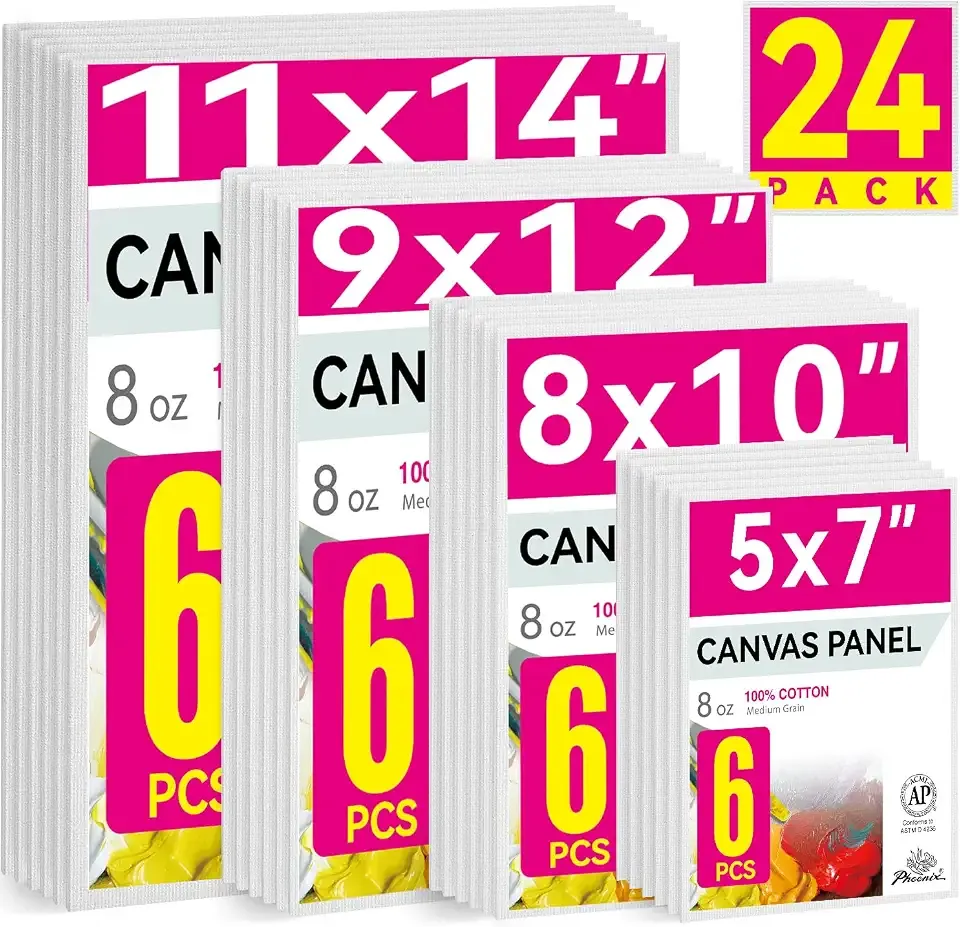 PHOENIX 24 Pack Canvases for Painting - 5x7, 8x10, 9x12, 11x14 Inch, 8 Oz Triple Primed 100% Cotton Flat Canvas Boards White Blank Canvas Panels Multi Size Bulk Pack for Acrylic & Oil Paints