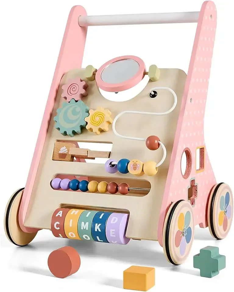 Pink Baby Push Walker for Girls 10+ Months, Wooden Baby Walker Push Toy with Storage, Learning to Walk, Montessori Walker Toy with Wheels, Toddler Activity Center for 12-18 Months