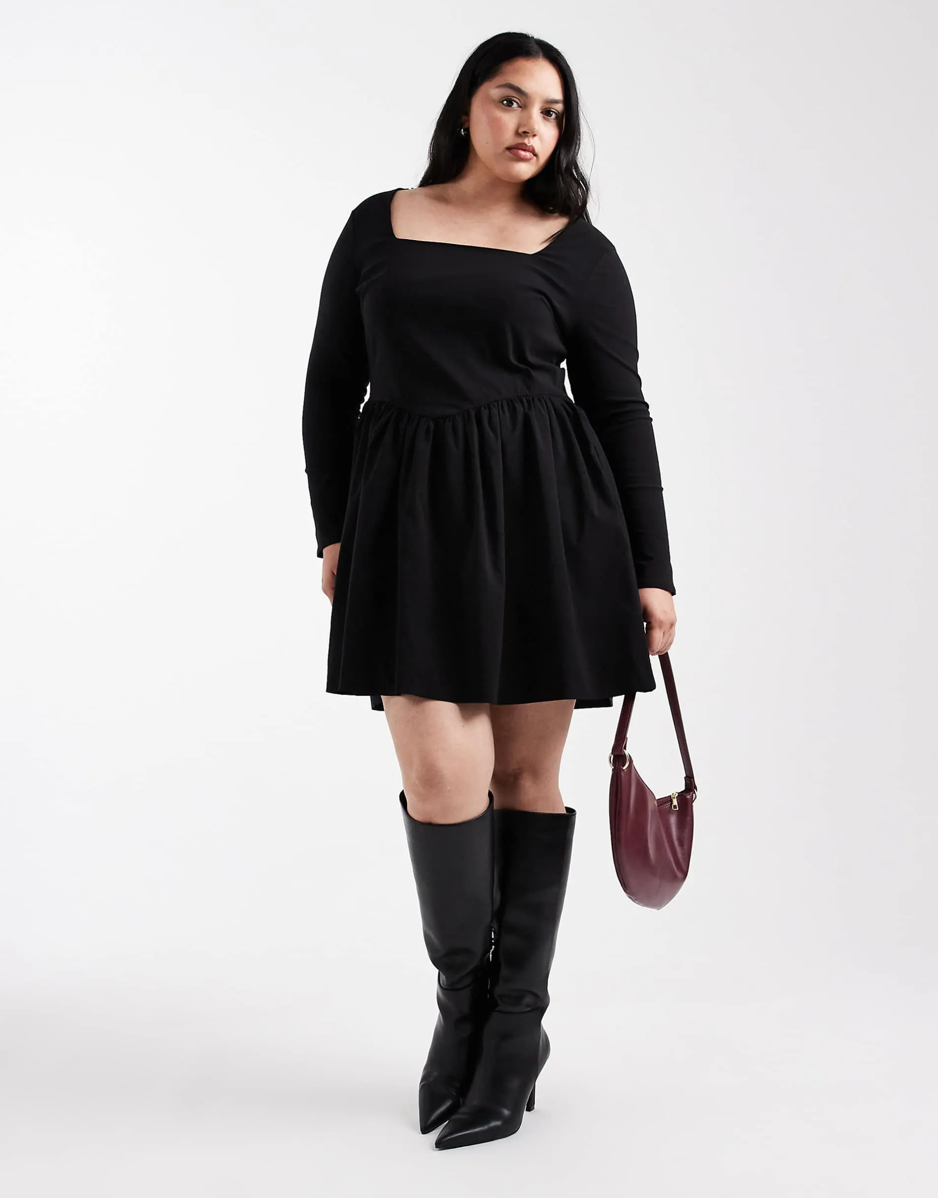 ONLY Curve long sleeve square neck mini skater dress in black