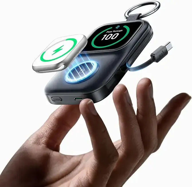 JOYROOM Portable Charger, Power Bank with Built-in Cables & LED Display, 5000mAh 20W PD Fast Charging & Fast Recharge, Travel Keychain Battery Pack for iPhone 17/16/15/14/13/12 & Apple Watch, Black