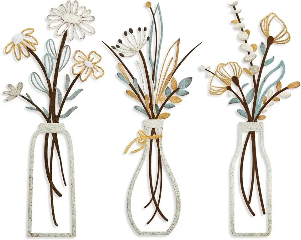 Pigort 3 Pieces Metal Flowers Wall Art- Rustic Farmhouse Decor Minimalist Decor for Living Room Bathroom Bedroom Dining Room, Housewarming Gifts Christmas Decoration(Beige, Vase-C)