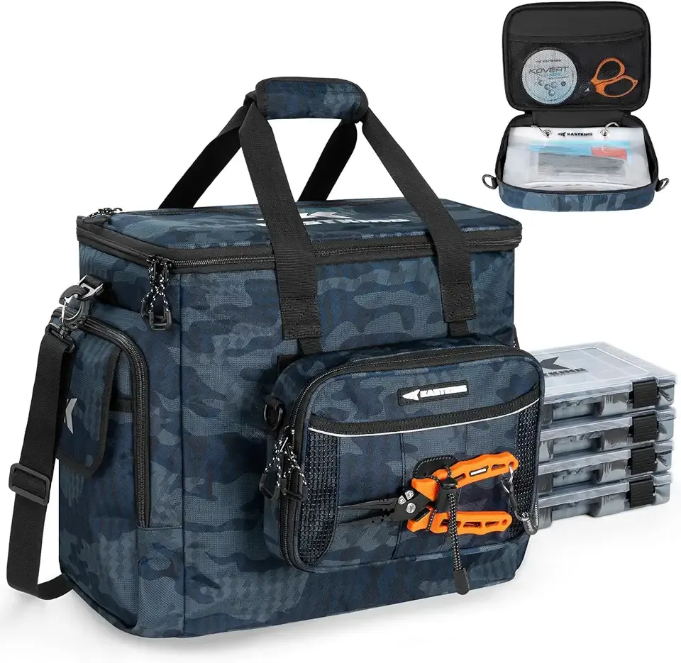 KastKing BaitSpace Fishing Tackle Bag With 4 Tackle Boxes & Removable Bait Binder, Water-Resistant Tackle Storage, Durable Fishing Gear, Adjustable Shoulder Strap